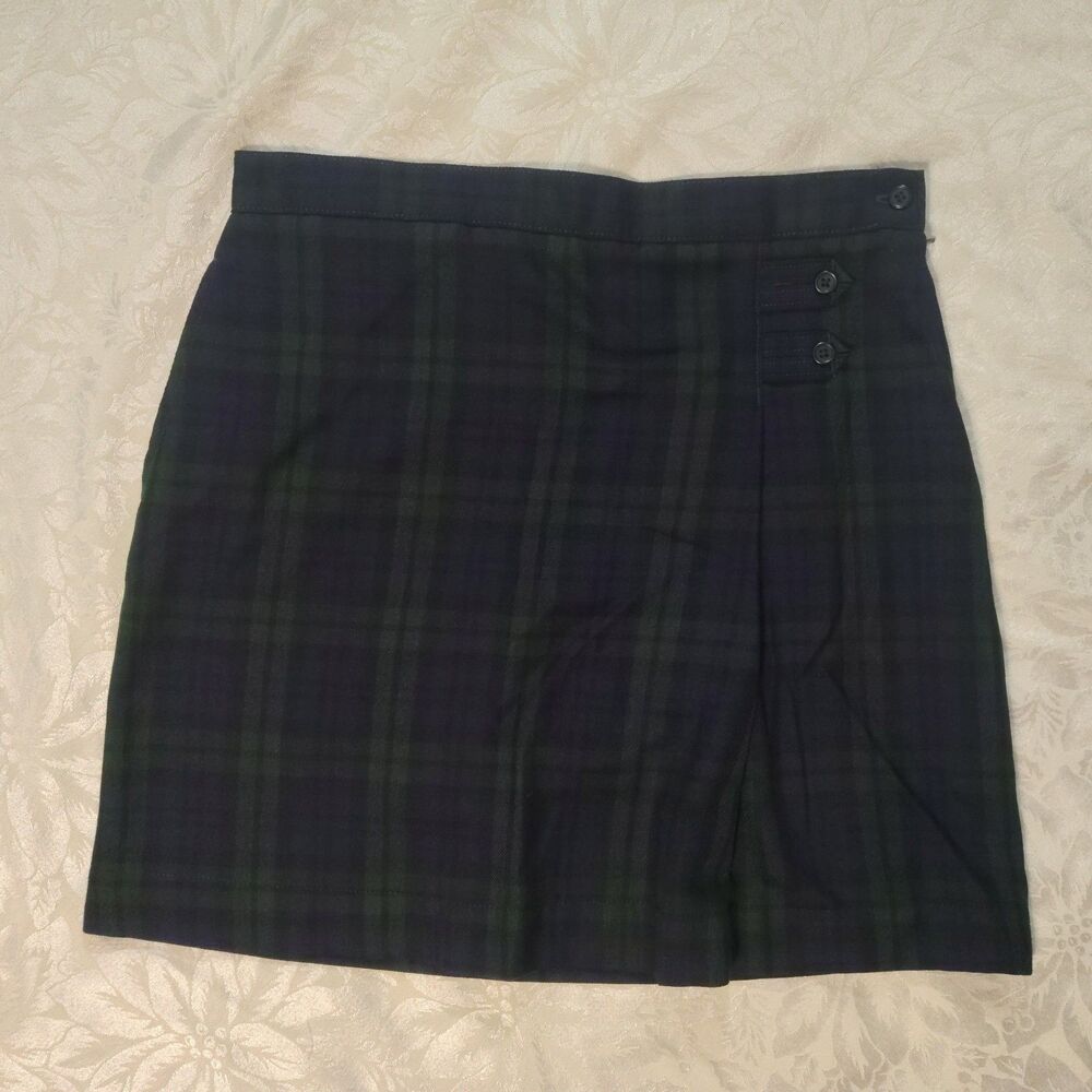 Lands' End School Uniform A-line Plaid Skirt Classic Navy Blue Evergreen Plaid 3
